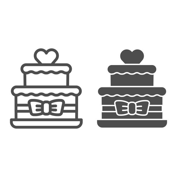 两层蛋糕与心和弓线和固体图标，生日纸杯蛋糕概念，婚礼蛋糕标志在白色背景，双层蛋糕与弓和心的图标在轮廓风格的移动。矢量图形。图片下载