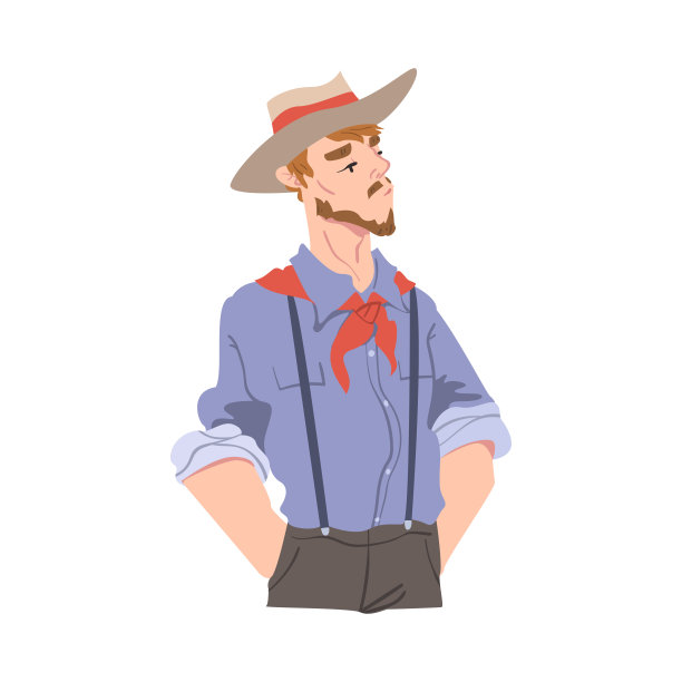 年轻人在牛仔帽和头巾围巾卡通风格矢量插图图片下载
