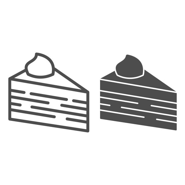 泡芙蛋糕的切片线和固体图标，生日纸杯蛋糕概念，蛋糕片在白色背景上的标志，泡芙块巧克力甜点图标在轮廓风格的移动和网页设计。矢量图形。图片下载