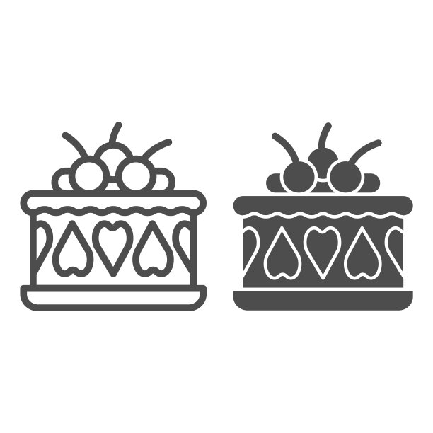 奶油蛋糕与樱桃线和固体图标，生日纸杯蛋糕概念，蛋糕与樱桃顶部标志在白色的背景，美味的生日甜点与浆果图标轮廓风格。矢量图形。图片下载