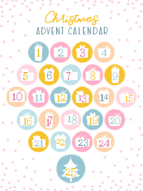 孩子们的圣诞降临历。礼品盒剪影中的数字。可爱的糖果。矢量插图在幼稚的手绘斯堪的纳维亚风格。图片下载