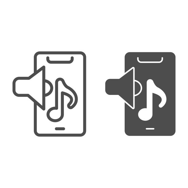 智能手机与扬声器和笔记线和固体图标，智能手机审查概念，音乐播放器上的移动标志上的白色背景，歌曲上的手机图标在轮廓风格。矢量图形。图片下载