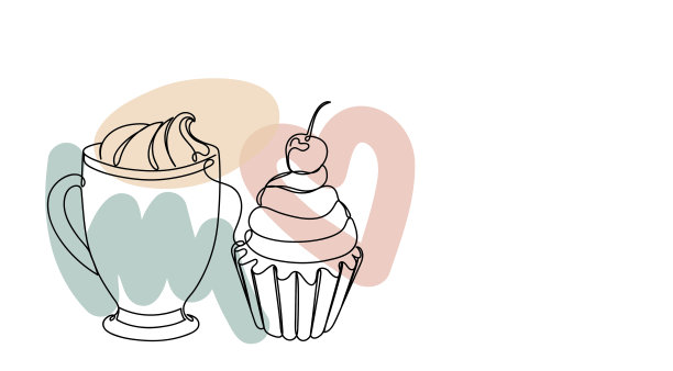 杯子和纸杯蛋糕在手绘线性风格与彩色抽象污渍。孤立在白色的。图片下载