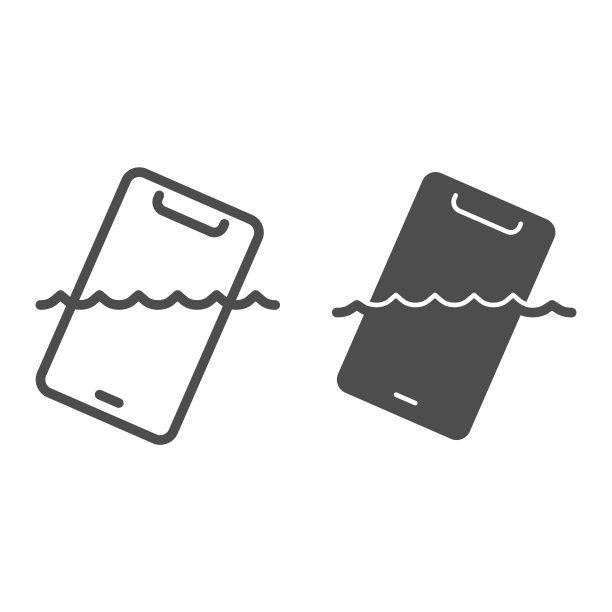 智能手机防水线和固体图标，智能手机回顾概念，防水手机标志在白色背景，手机在水图标在轮廓风格的移动概念，网页设计。矢量图形。图片下载