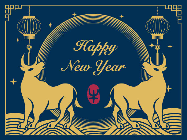 2021年春节快乐，牛曲线波和灯笼装饰。中文翻译:牛。图片下载