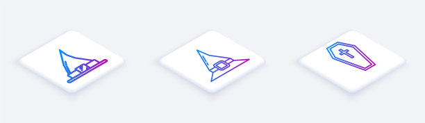 女巫帽，女巫帽和棺材的等距线与基督教十字架。白色正方形按钮。向量图片下载