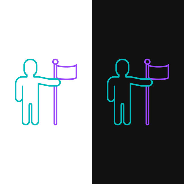 绿色和紫色线男子举着旗帜图标孤立在白色和黑色的背景。矢量图图片下载