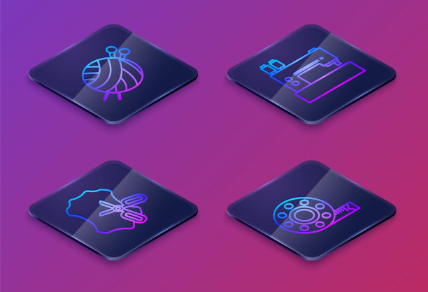 用针、剪刀、皮革、缝纫机、卷尺等设置等距线。蓝色方块按钮。向量图片下载