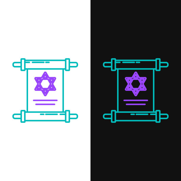 绿色和紫色线条的Torah卷轴图标孤立在白色和黑色的背景。犹太律法的扩展形式。大卫之星的象征。古老的羊皮纸。矢量图图片下载