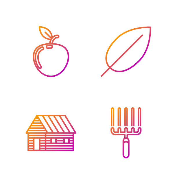 设置线花园耙工作，农家，苹果和叶子。渐变颜色图标。向量图片下载