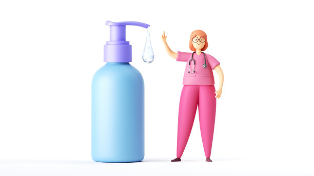 3d渲染，女医生卡通人物站在消毒液的大配药瓶附近，剪贴画孤立在白色的背景。液体肥皂或洁面凝胶的化妆品罐模型。卫生规定图片下载