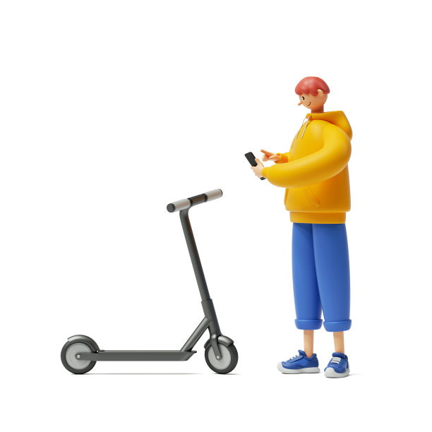 3d渲染，卡通人物年轻男子穿着黄色连帽衫和蓝色裤子与智能手机，电动踢滑板车共享。现代城市交通剪辑艺术孤立的白色背景图片下载