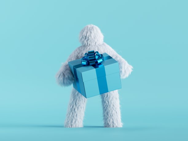 3d渲染，白色毛茸茸的雪人持有礼盒，大脚卡通人物庆祝。节日剪辑艺术孤立在薄荷蓝色背景图片下载