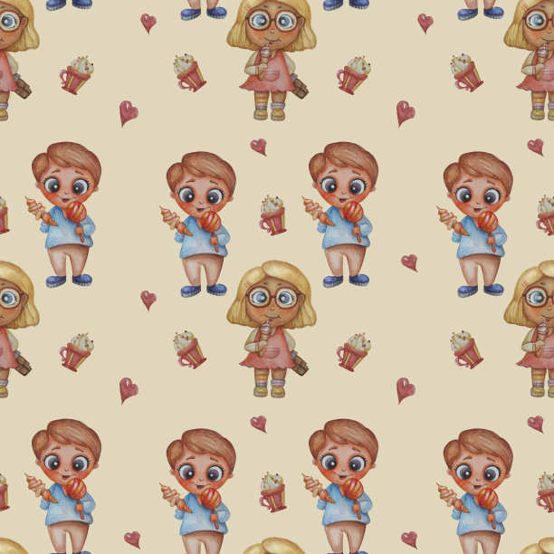 无缝模式。爱吃甜食的孩子。可爱的男孩和女孩，冰淇淋，巧克力和糖果在淡黄色的背景与心和一杯甜点。水彩手绘图片下载