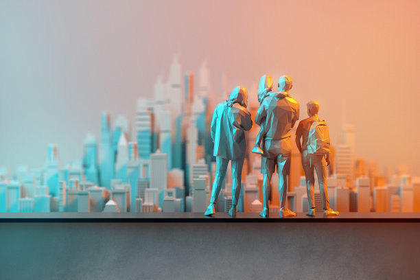 夕阳下一家人看着市中心。三维渲染图片下载