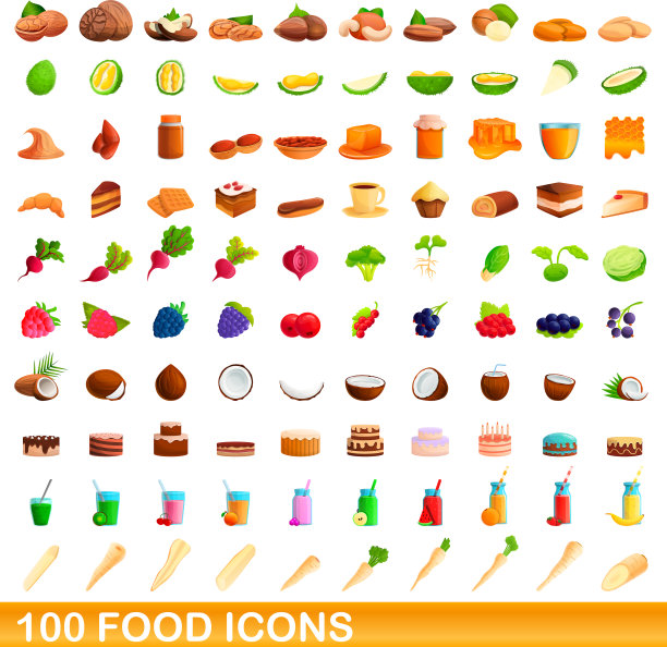 100个食物图标设置卡通风格图片下载