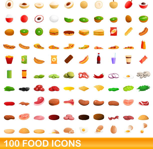 100个食物图标设置卡通风格图片下载
