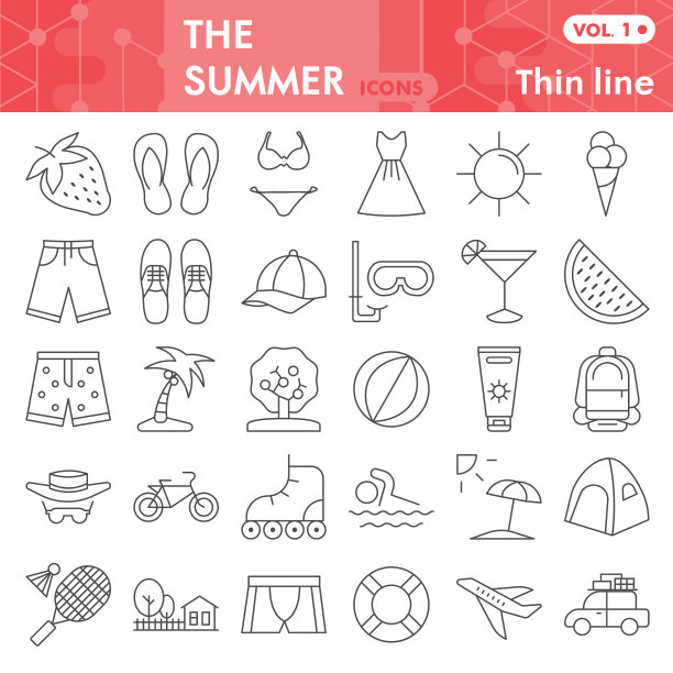 夏季细线图标设置海滩标志图片下载