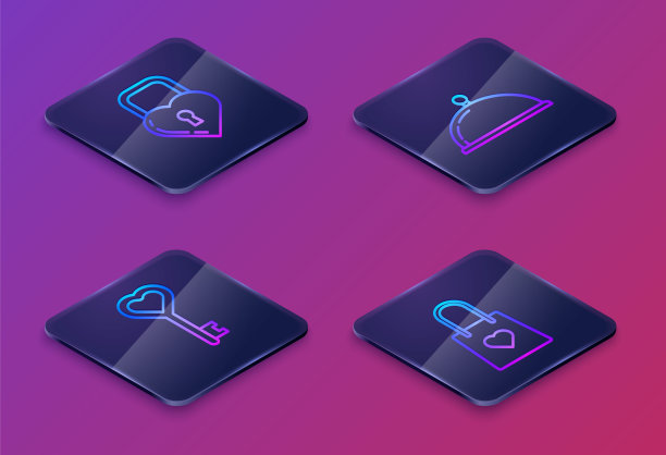 设定等距线城堡在一个心形，钥匙在心形，覆盖了一个托盘的食物和购物袋的心。蓝色方块按钮。向量图片下载