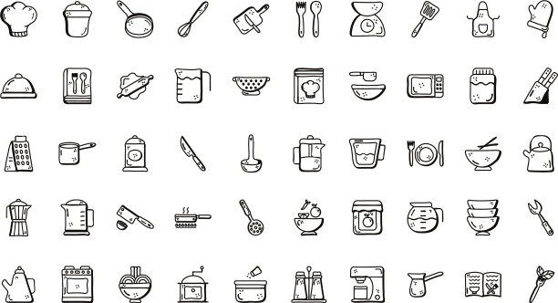 厨师和厨房线条风格图标集设计图片下载