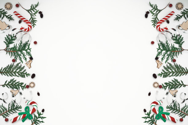 竹枝、云杉和新年装饰。复制空间，平铺，模拟，顶视图。图片下载