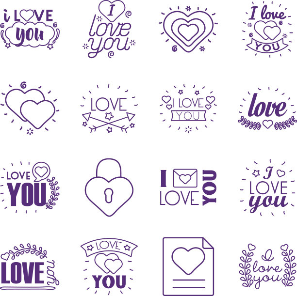 我爱你的文字线条风格图标集设计图片下载
