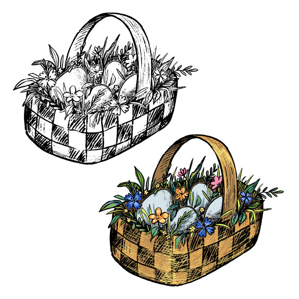 手绘矢量插图。轮廓和彩色绘图集。漂亮的篮子，里面有鸡蛋和鲜花。复活节元素设计，卡片，印刷，贴纸。复古、雕刻、素描、写实风格图片下载