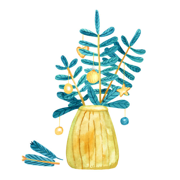 水彩云杉枝与圣诞装饰在一个黄色的金色花瓶。图片下载