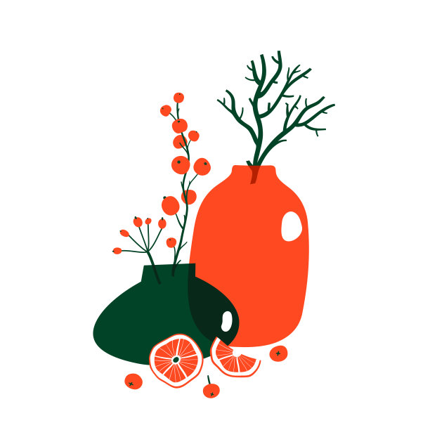 圣诞贺卡与花瓶，圣诞树枝和红莓。新潮的新年寒假海报图片下载