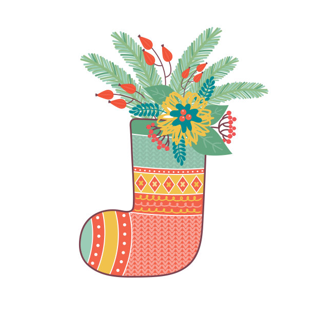 圣诞袜用各种花卉节日元素装饰。圣诞快乐，新年贺卡或横幅。组成有冷杉枝、红浆果、冬青叶、一品红花素材图片