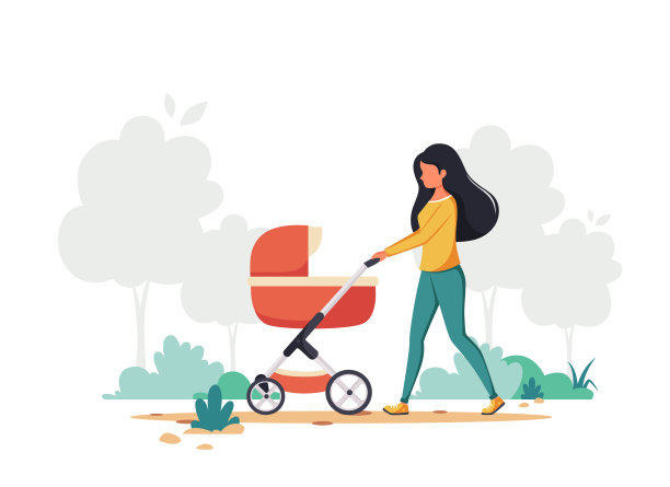推着婴儿车走路的女人。户外活动。矢量插图。图片下载