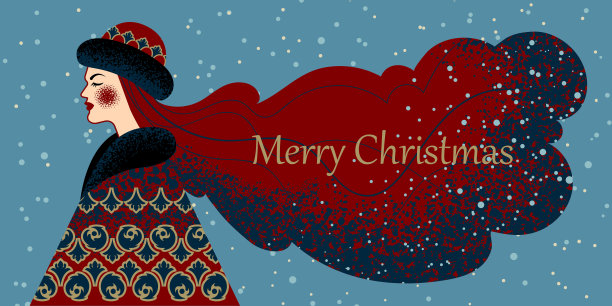 复古圣诞卡的女人在装饰冬衣。图片下载
