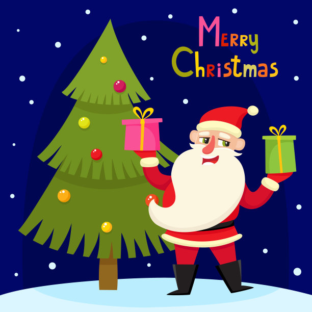 卡通圣诞老人和圣诞树的圣诞贺卡。图片下载