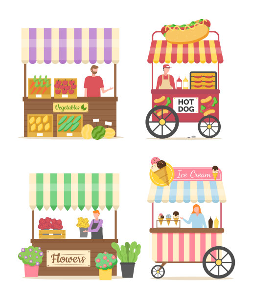 热狗小贩，蔬菜市场和冰淇淋图片下载
