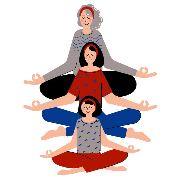 女儿，妈妈和奶奶一起冥想。保持冷静和沉思。图片下载