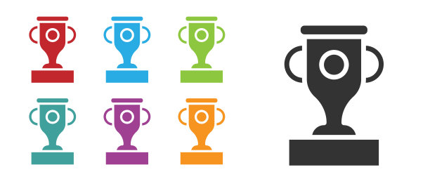 黑色奖杯图标孤立在白色背景。冠军奖杯的象征。冠军或比赛奖杯。体育成就的迹象。设置图标丰富多彩。向量图片下载