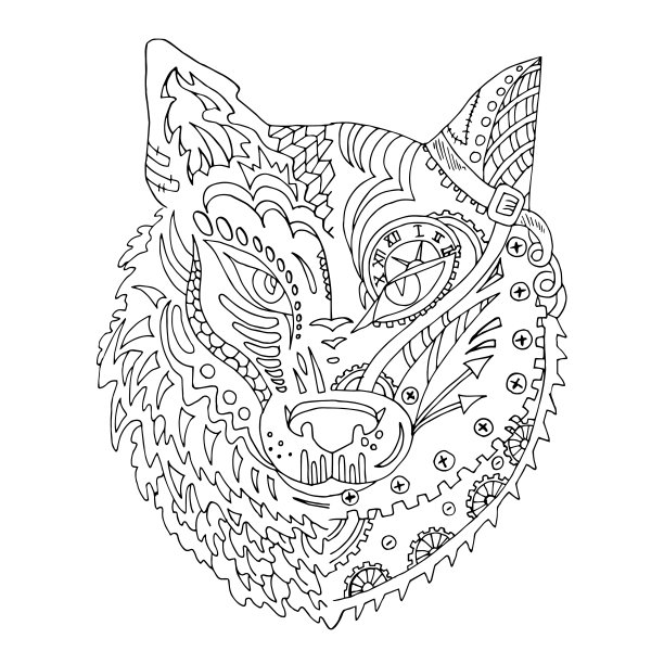 野生美丽的狼头手画在白色的背景。颜色的书。时尚蒸汽朋克风格在矢量插图图片下载