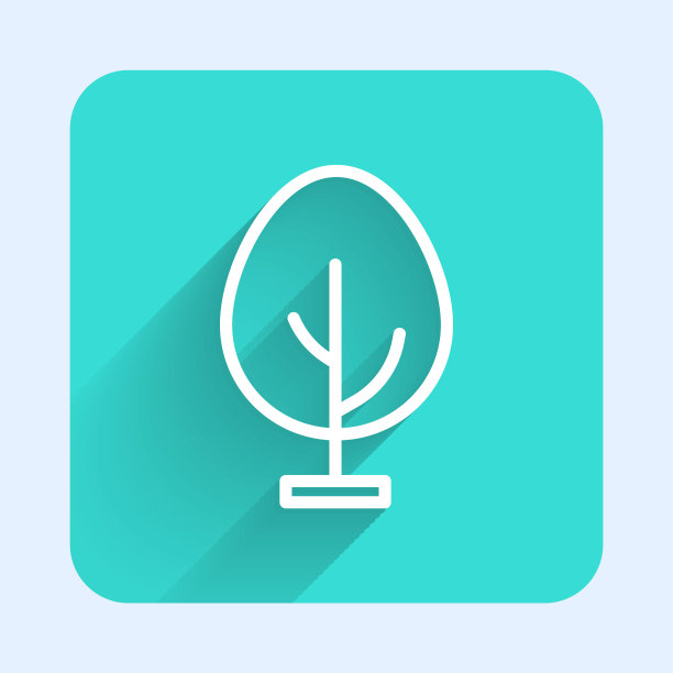 白线树图标孤立与长阴影。森林的象征。绿色广场按钮。向量图片下载