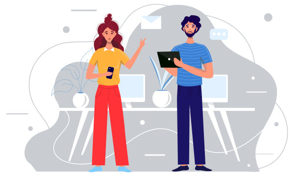 手里拿着写字板的人。智能手机的女人。有办公桌和电脑的办公室。办公室工作人员。矢量插图。图片下载