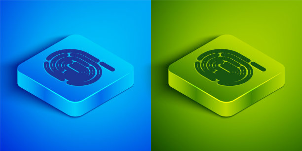 等距线指纹图标隔离在蓝色和绿色背景。ID的应用图标。识别标志。触摸id。方形按钮。向量图片下载