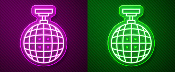 发光的霓虹灯线迪斯科球图标孤立在紫色和绿色的背景。向量图片下载