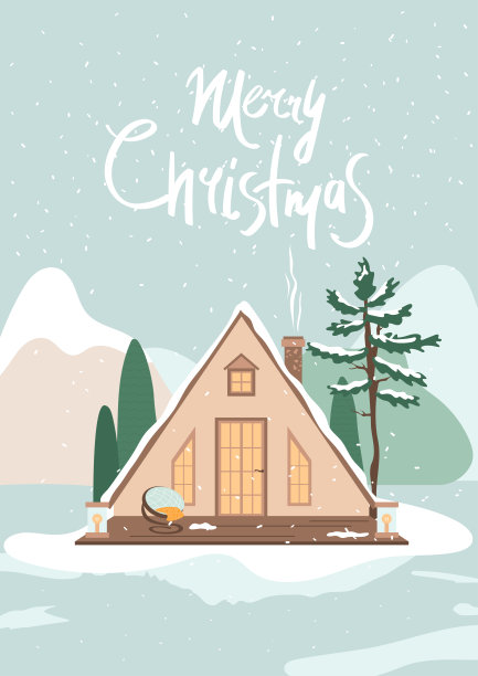 冬天森林里的乡间小屋。舒适的家，阳台，躺椅和灯笼。手写的圣诞快乐。图片下载
