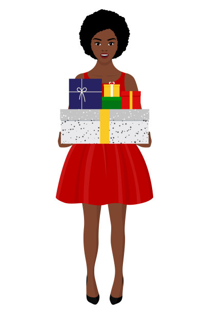 一个年轻的非洲裔美国女孩穿着漂亮的衣服，微笑着，手里拿着圣诞和新年礼物的盒子。矢量股票平面插图孤立在白色背景。图片下载