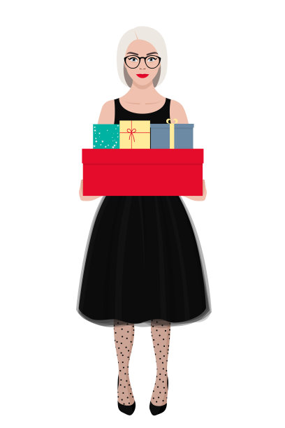一位金发的年轻欧洲女孩面带微笑，手里拿着一盒盒圣诞和新年礼物。矢量股票平面插图孤立在白色背景。图片下载
