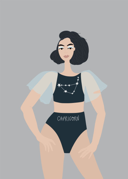 代表摩羯座。漂亮的黑发女孩。摩羯座的星座。手绘矢量图图片下载