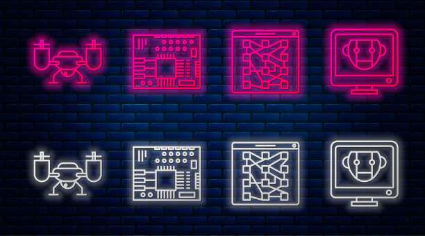 印刷电路板PCB，全球技术或社交网络，无人机飞行与行动摄像头和机器人。砖墙上发光的霓虹灯图标。向量图片下载