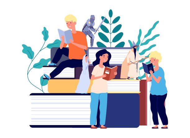 孩子们在看童话故事。儿童书籍和童话英雄巫师，骑士和精灵公主。男孩女孩与书向量概念图片下载