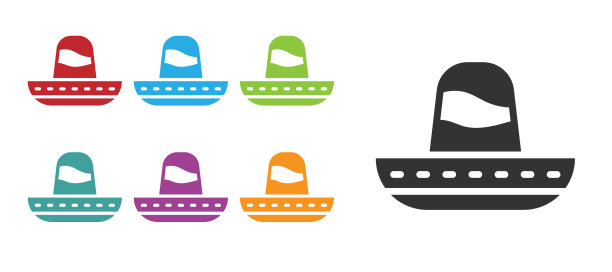 黑色传统墨西哥宽边帽图标孤立在白色背景。设置图标丰富多彩。向量图片下载