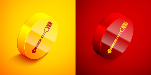 等距叉图标隔离在橙色和红色背景。餐具的象征。圆按钮。向量图片下载