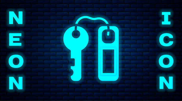 霓虹灯酒店门锁钥匙与数字标签图标隔离在砖墙的背景。向量图片下载